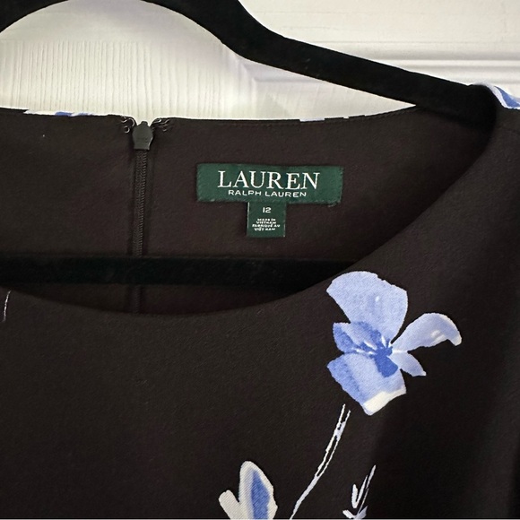 Size 12 Ralph Lauren Black & Blue Midi Floral Formal Dress with Balloon Sleeve - Picture 4 of 4